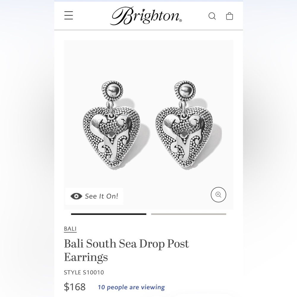 Brighton Bali Sea Drop Post Sterling Silver drop post heart earrings.